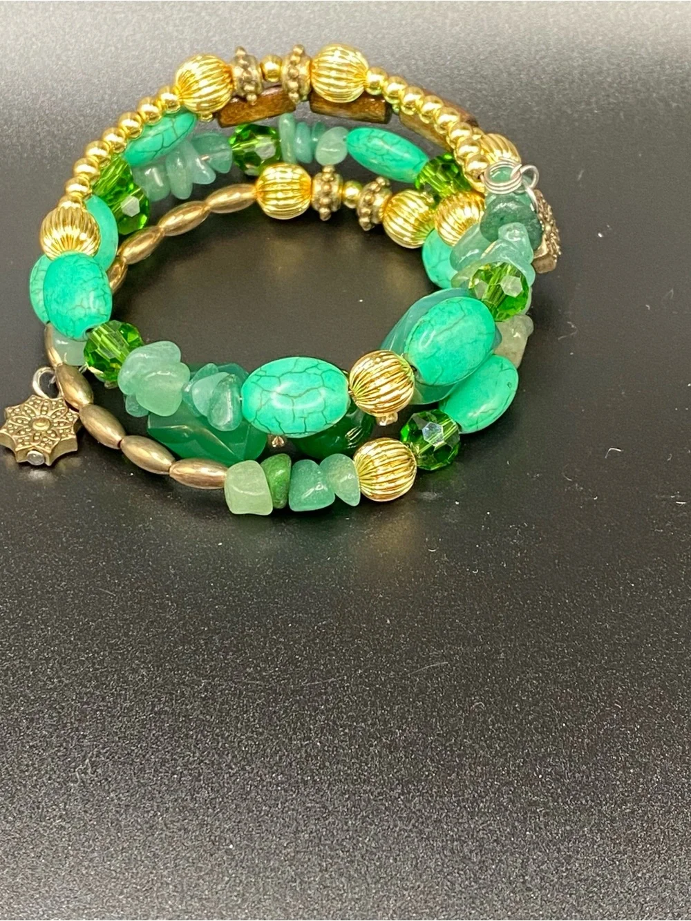 Boho multi strand Green Gold tone & wood Beaded Stretch Bracelet